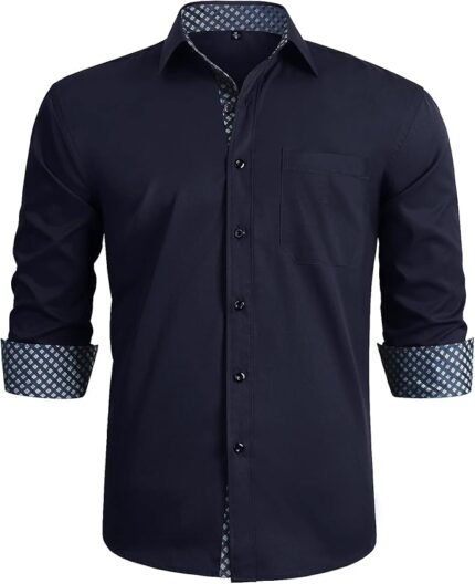 Hisdern Men's Contrast Inside Shirt Casual Formal Classic Button Long Sleeve Plaid Collar Regular Fit